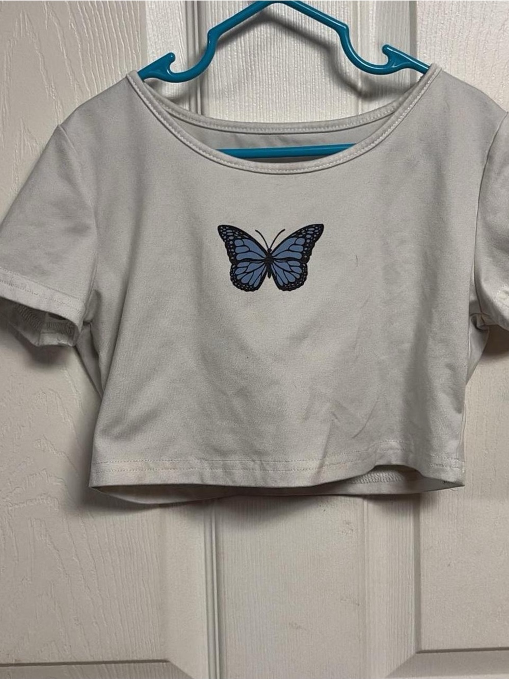 Girls White Crop Tee with Blue Butterfly Graphic - Kids Matching Tee